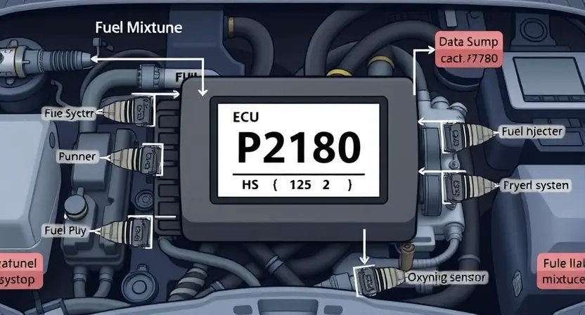 A detailed illustration of a car's engine control unit (ECU) displaying a diagnostic code P2180. The ECU should be surrounded by visual representations of fuel system components like fuel injectors, fuel pump, and oxygen sensors, all interconnected with lines indicating data flow. The overall scene should convey a technical and informative feel, focusing on the engine's fuel mixture and potential issues.