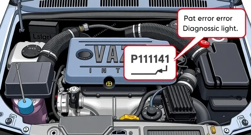 A detailed illustration of a VAZ/Lada car engine bay, highlighting the P1141 error code indicator light. The engine should be well-lit, showing various components like the engine block, hoses, and wiring. Focus on the diagnostic light and its surrounding area.