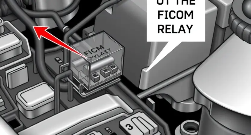A detailed illustration of a car's FICM relay circuit board, highlighting the relay itself and the associated wiring. Focus on clarity and precision to represent the technical components.