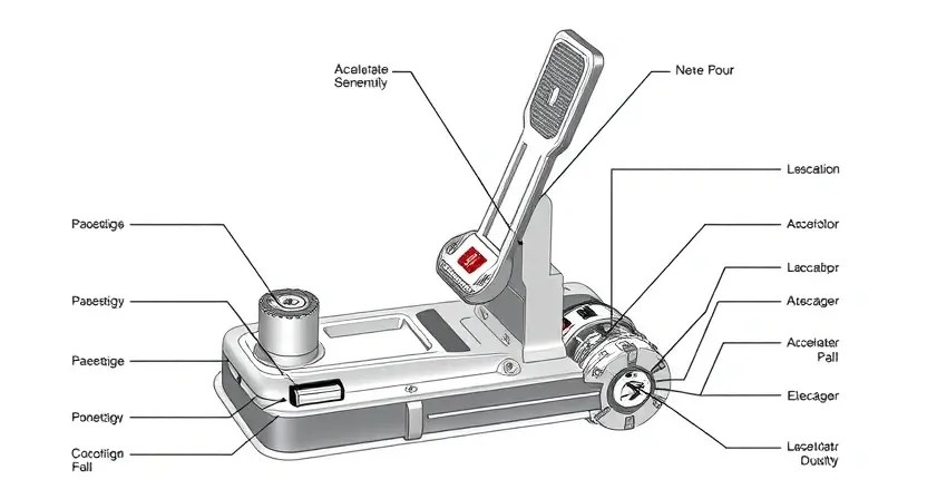 A high-quality technical illustration showing an electronic accelerator pedal assembly with clearly visible sensors and wiring harnesses, schematic style with labeled components, clean white background, precise engineering drawing details, no text or numbers on image