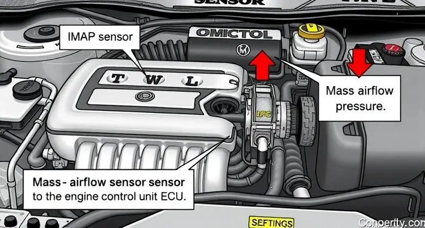 A detailed illustration of a car's engine bay, highlighting the Mass Airflow Sensor (MAP sensor) and its connection to the engine control unit (ECU). Include arrows indicating airflow direction and a visual representation of the sensor measuring pressure. Focus on the sensor's physical appearance and its placement within the engine system.