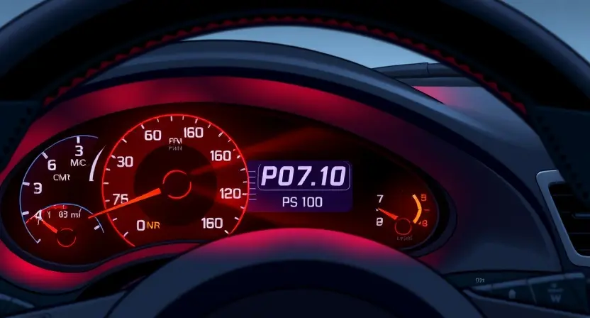 A detailed illustration of a car's dashboard showing a P0710 diagnostic trouble code illuminated. The dashboard should be realistically rendered with visible gauges and buttons. The code should be clearly displayed on a digital screen.