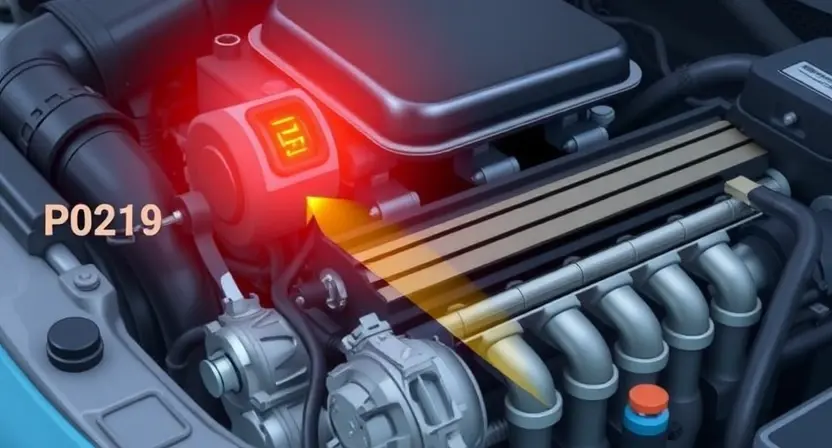 A detailed illustration of a car engine with a diagnostic light illuminated, highlighting the P0219 error code. The engine should be realistically rendered, showing various components like the intake manifold, fuel rail, and sensors. Focus on the error light and its proximity to the relevant engine parts.