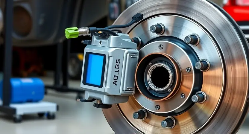 A close-up, detailed illustration of a car's anti-lock braking system (ABS) module and wheel hub assembly. The ABS module should be clearly visible, showcasing its sensors, valves, and wiring. The wheel hub should be depicted with visible brake rotors and calipers. Focus on the mechanical components and connections. The background should be a blurred automotive workshop environment.