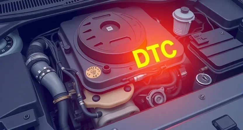 A detailed illustration of a car's engine bay with a diagnostic trouble code (DTC) light illuminated. Focus on the engine components, wiring, and the DTC light itself. The image should convey a sense of technical detail and automotive repair.