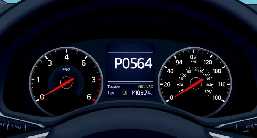 A detailed illustration of a car's dashboard displaying a P0564 error code. The dashboard should show the error code prominently, along with relevant warning lights and diagnostic information. The car's interior should be realistically depicted, focusing on the dashboard area.