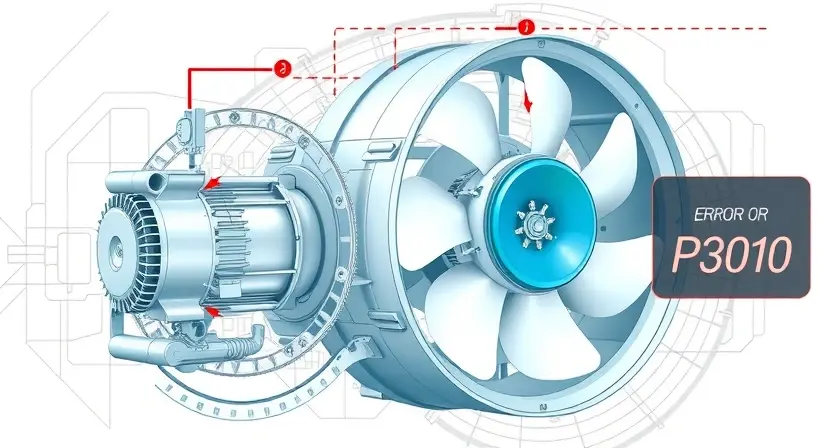 A detailed technical illustration of a high-voltage cooling fan in an electric vehicle, showing internal components such as motor, blades, and housing, with visible signs of malfunction like overheating indicators (red zones), dust accumulation, and a broken blade, set against a clean automotive engineering background with diagnostic overlay elements like error code P3010 subtly integrated into the design