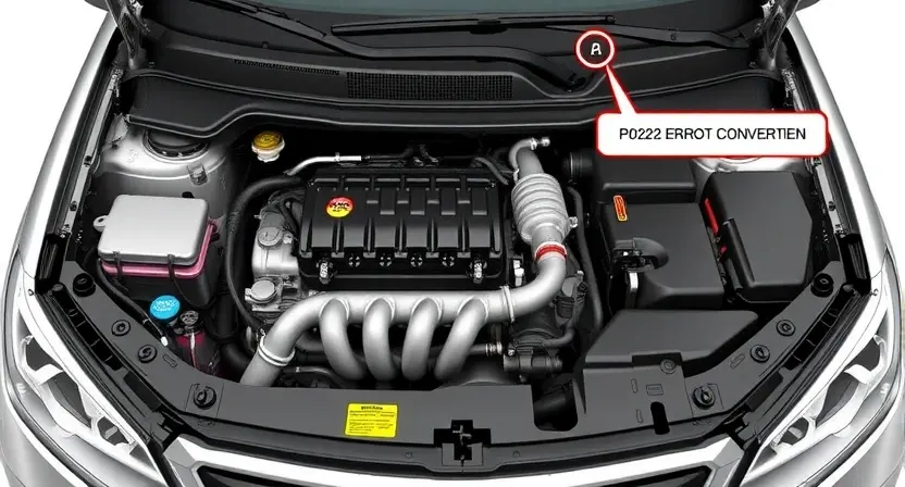 A detailed illustration of a car's engine bay, focusing on the catalytic converter and related components. The image should clearly show the P0222 error code indicator light illuminated on the dashboard. The engine should be partially disassembled to reveal the components.