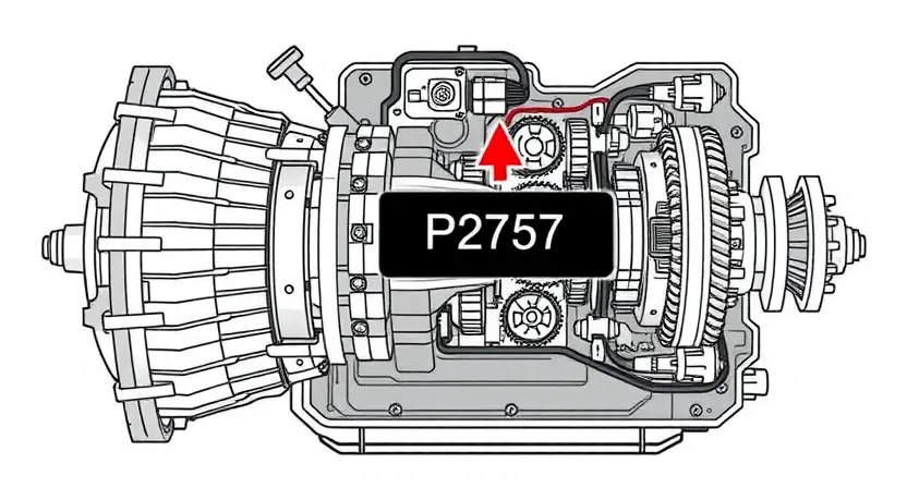 A detailed illustration of a car transmission system, highlighting the P2757 error code. Include visual representations of gears, shafts, and sensors. The error code should be displayed prominently on a digital display within the transmission.