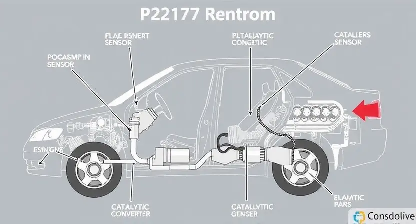 A detailed diagram illustrating a car's emissions control system, specifically highlighting the components related to P2177 error. Show the oxygen sensor, catalytic converter, and relevant engine parts. Use clear arrows to indicate the flow of exhaust gases and sensor readings. The diagram should be clean and easy to understand, focusing on the system's functionality and potential points of failure.