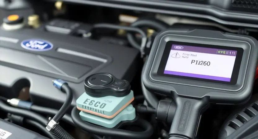 A close-up shot of a Ford vehicle's engine bay, focusing on the engine control unit (ECU) and related wiring. The engine should appear clean and well-maintained. A diagnostic scan tool is subtly visible in the background, displaying a simplified error code (P1260) on its screen. The overall lighting should be bright and professional, highlighting the components.