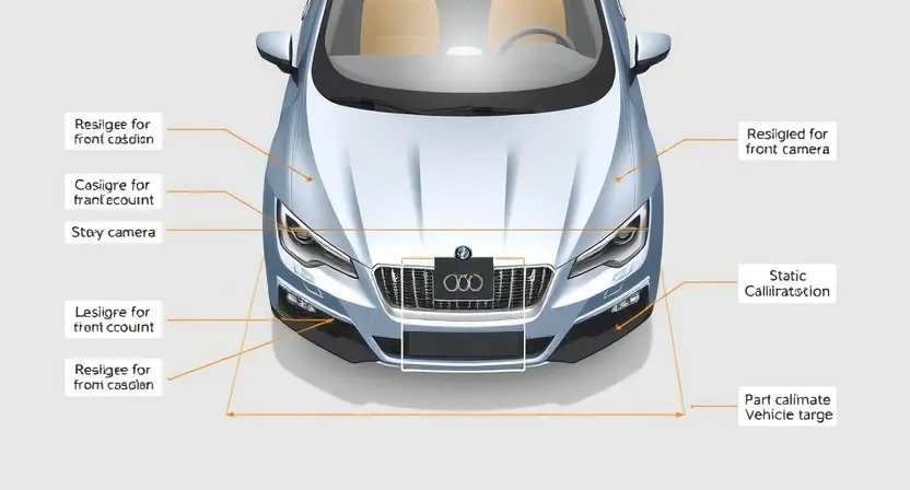 A high-quality technical illustration showing a vehicle's front camera being calibrated using a static calibration target, with clear labels and precise engineering details, rendered in the style "HQ-832-448-h"