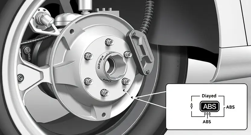 A detailed illustration of a car's front right wheel hub assembly, highlighting the position of the wheel speed sensor. The image should show the sensor's physical connection to the wheel hub and a close-up view of the sensor itself. Include a simplified diagram showing the sensor's role in the ABS system. Focus on mechanical components and wiring, avoiding abstract representations.