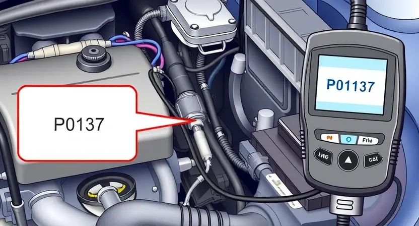 A detailed illustration of an automotive engine bay, focusing on the oxygen sensor and its wiring. The oxygen sensor should be clearly visible, connected to the engine control unit (ECU) with wires. Include a diagnostic tool connected to the ECU, displaying a P0137 error code. The background should be slightly blurred to emphasize the main components.