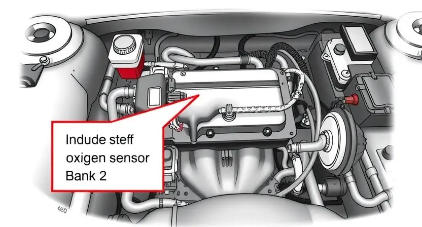 A detailed illustration of an automotive engine bay, focusing on the area where the oxygen sensor is located in Bank 2. The image should show the sensor itself, wiring, and surrounding components. Include visual cues indicating a potential issue, such as a slightly discolored or damaged sensor.