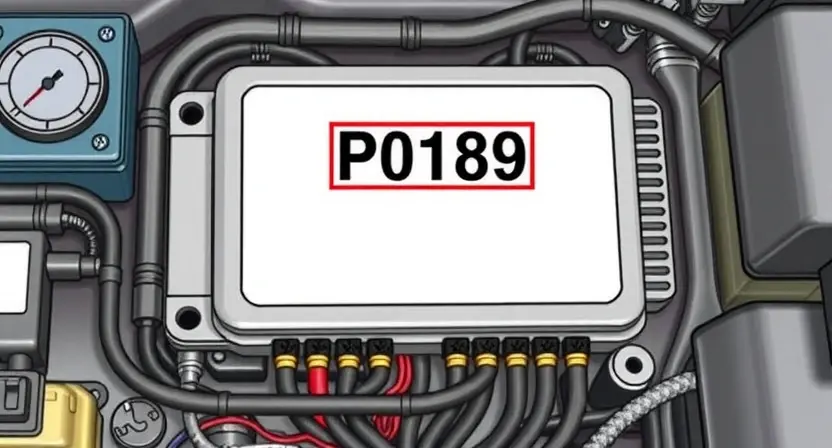 A detailed illustration of an engine control unit (ECU) with various sensors and wiring, highlighting the P0189 error code indicator. The background should be a clean, technical environment.