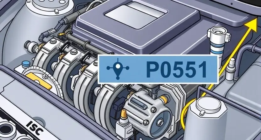 A detailed illustration of a car engine with a highlighted P0551 error code indicator. The engine should be realistically rendered, showing various components like the intake manifold, fuel injectors, and sensors. The error code indicator should be clearly visible and illuminated.