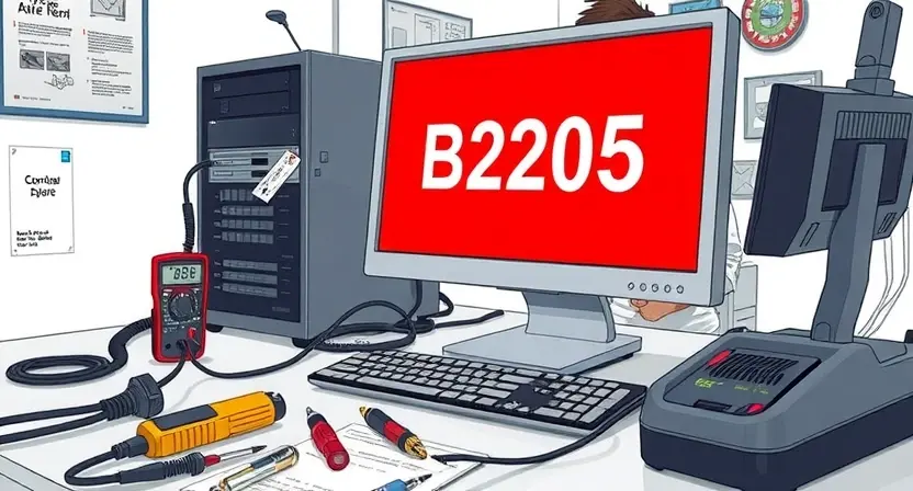 A detailed technical illustration of a computer system experiencing a critical failure, represented by a red error screen with the code B2205 prominently displayed. The image should include various diagnostic tools and equipment such as a multimeter, a screwdriver, and a computer repair manual, all arranged neatly on a clean, well-lit workspace. The scene should convey a sense of urgency and professionalism, with a technician in the background focused on troubleshooting the issue.