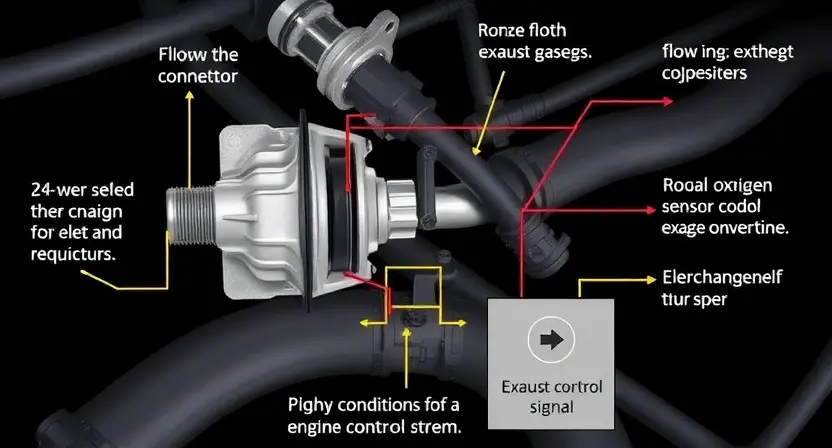 A detailed diagram of an automotive oxygen sensor system, highlighting the sensor itself, wiring connections, and its integration with the engine control unit (ECU). Focus on the sensor's physical components and its position in the exhaust stream. The image should clearly illustrate the flow of exhaust gases to the sensor and the electrical signal transmitted to the ECU.