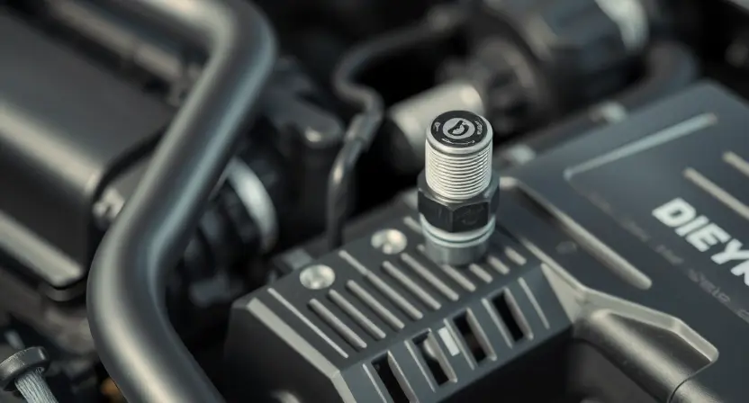 A close-up shot of a car's engine bay, focusing on the engine temperature sensor. The sensor should be clearly visible, with surrounding engine components blurred in the background. The overall lighting should be bright and clean, highlighting the sensor's details.