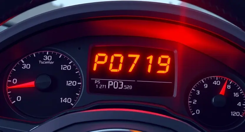 A detailed illustration of a car's dashboard showing a warning light illuminated, specifically the 'P0719' code displayed on a digital instrument cluster. The background should be a realistic depiction of a car interior.