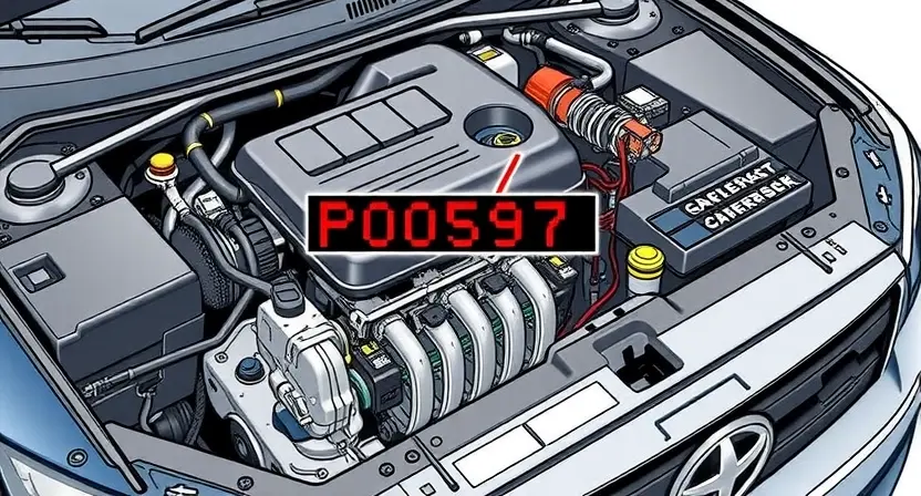 A detailed illustration of a car's engine bay with a diagnostic error code P0597 highlighted. The engine should be partially disassembled, showing wiring and components. A digital display showing the error code should be visible.