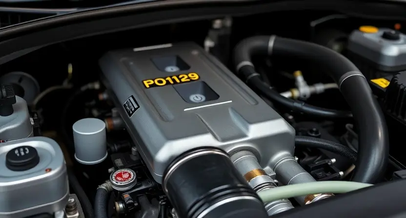 A close-up of a car's engine bay, focusing on the manifold and vacuum lines. A digital display shows a diagnostic code 'P0129'. The overall image should convey a sense of automotive repair and technical diagnostics. The lighting should be bright and even, highlighting the engine components. Focus on clean, organized components.