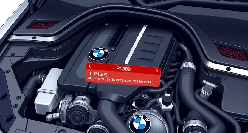 A detailed illustration of a BMW car engine with a highlighted P1689 error code displayed on a digital dashboard. The engine should be realistically rendered, showcasing various components. The dashboard should be modern and clearly show the error message.