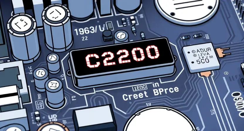 A close-up, detailed illustration of a computer motherboard with a highlighted C2200 error code displayed on a small LED indicator. The motherboard should be clean and modern, with visible components like capacitors and resistors. The LED should be clearly visible and illuminated with a red light.