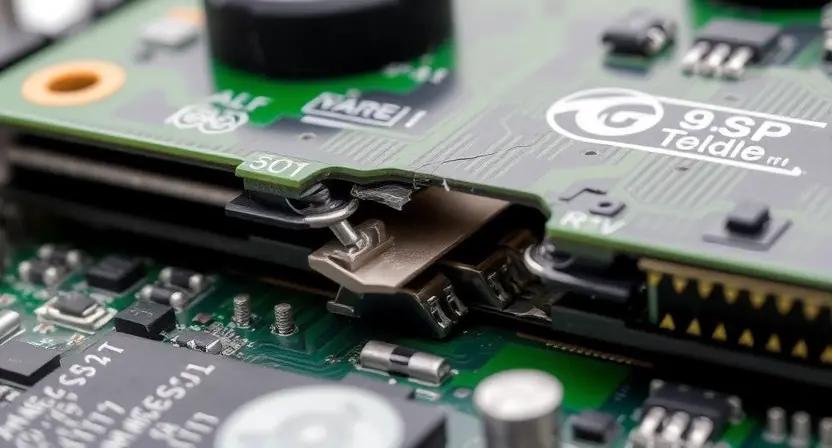 A detailed close-up of a physically damaged electronic module, showing visible cracks, dents, or broken components. The image should highlight the physical damage clearly, with a focus on the intricate details of the module's structure and the specific areas affected by the damage.
