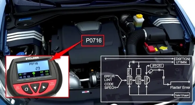 A detailed illustration of a car's engine bay, highlighting the P0716 error code indicator light. Focus on the diagnostic tools and a schematic diagram showing the relevant components and their connections.