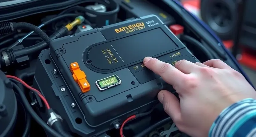 A close-up, detailed illustration of a car's Battery ECU (Electronic Control Unit) with highlighted components. Focus on the connections, circuitry, and physical form of the ECU. Include subtle visual cues suggesting a diagnostic process, like a small digital display showing a code or a technician's hand gently interacting with the unit. The background should be a blurred automotive workshop environment.