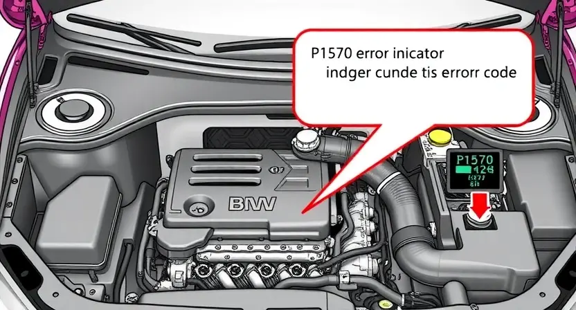 A detailed illustration of a car engine bay with a focus on the P1570 error code indicator. The engine should be partially disassembled, showing wiring and components. Highlight the error code display on the dashboard.