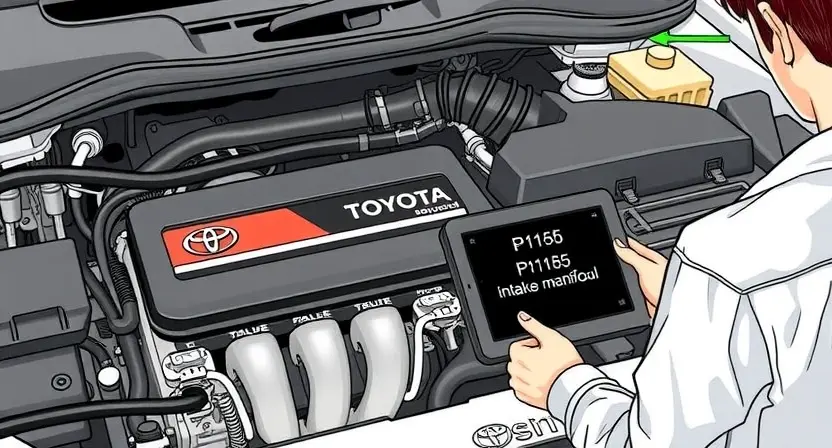 A detailed illustration of a Toyota vehicle engine bay, highlighting the P1155 error code on a diagnostic screen. Show a mechanic inspecting the engine with a tablet displaying the error information. Include close-ups of relevant engine components like the intake manifold, sensors, and wiring. Focus on a clean and organized workspace.