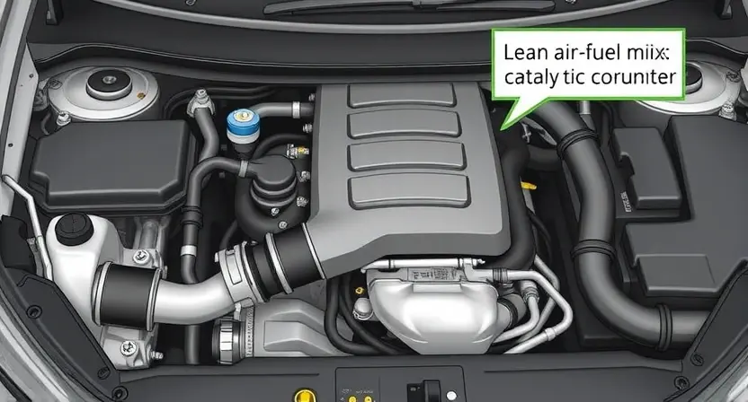 A detailed illustration of a car's engine compartment, focusing on the catalytic converter and associated sensors. The image should visually represent a lean air-fuel mixture, perhaps with subtle visual cues like a faint blue glow or a simplified depiction of oxygen sensors indicating low levels. The overall aesthetic should be clean and informative, suitable for a technical guide. The engine should be modern and well-maintained.