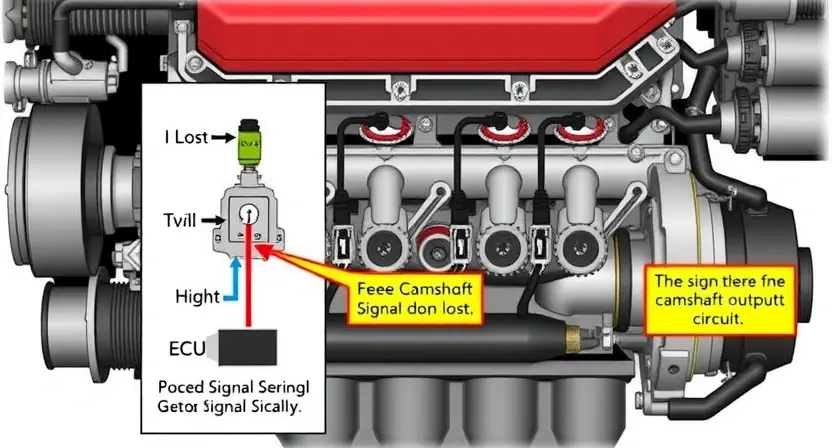 A detailed illustration of an engine's valve train, specifically highlighting the camshaft output signal circuit. Show a diagrammatic representation of the circuit with components like sensors, wiring, and the ECU. Focus on the area where the signal is being lost or malfunctioning. Use bright, clear colors to emphasize the circuit elements.