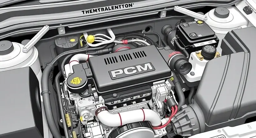 A detailed illustration of an automotive engine bay, focusing on the area where the Powertrain Control Module (PCM) is located. Include wiring harnesses, sensors, and other components relevant to engine management. The image should clearly depict the PCM and its connection to the engine.