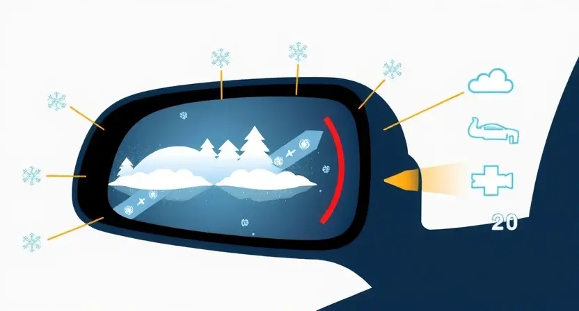 A high-quality technical illustration showing a car's blind spot sensor blocked by snow and ice, with weather icons like snowflakes and wind symbols around it, clean background, no text or numbers on image