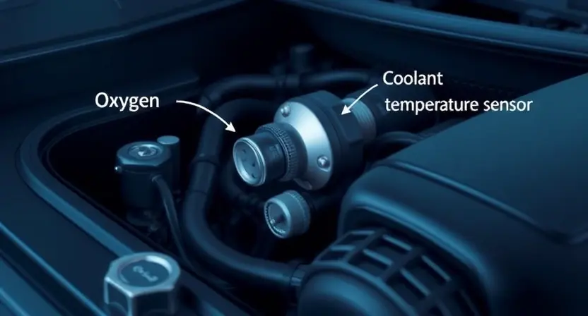 A close-up illustration of a car's engine bay, highlighting the oxygen sensor and coolant temperature sensor. The sensors should be clearly visible, with subtle glowing effects to indicate their function. Focus on the sensors and their immediate surroundings within the engine compartment.