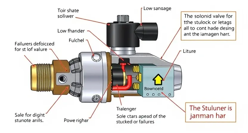 A detailed illustration of a solenoid valve, highlighting its internal components and potential points of failure. Focus on the coil, plunger, and any visible wear or damage. The image should depict the solenoid in a state of malfunction, with a visual representation of the plunger being stuck or jammed.