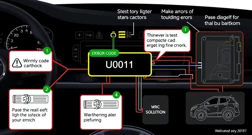 A technical illustration showing a vehicle's CAN bus system with a highlighted error code U0011, including visual elements like warning lights, diagnostic tools, and circuit diagrams to represent the error's cause and solution