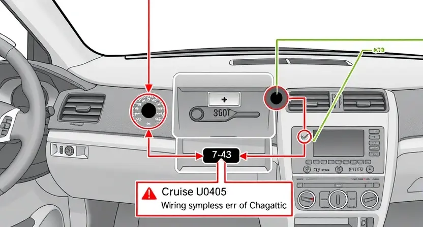 A detailed technical illustration showing a car's cruise control system with highlighted components like the speed sensor, throttle actuator, and wiring harness, accompanied by diagnostic symbols and error code U0405, clean technical diagram style