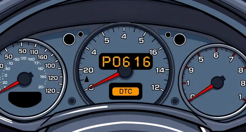 A detailed illustration of a car's dashboard with a diagnostic trouble code (DTC) display showing "P0616". The dashboard should also show other gauges and indicators, suggesting a typical vehicle environment. Focus on clarity and readability of the DTC code.