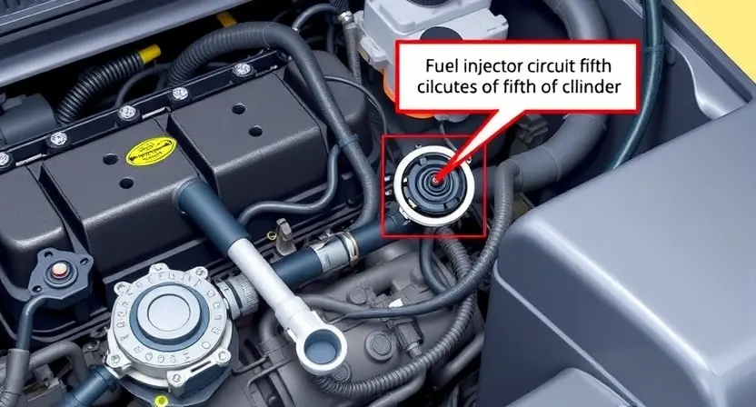 A detailed illustration of an engine bay with a focus on the fuel injector circuit of the fifth cylinder. Show the injector, wiring harness, and related components. Include visual cues indicating a potential issue, such as a slightly disconnected wire or a partially obscured injector. The background should be slightly blurred to emphasize the engine components.