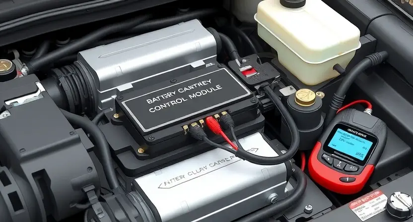 A detailed illustration of a car's engine bay, focusing on the battery control module and its wiring harness. Highlight the connection points and potential areas of disconnection. Include diagnostic tools like an OBD-II scanner near the module. The overall scene should convey a sense of technical inspection and troubleshooting.