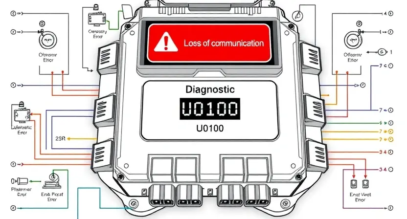 A detailed technical illustration of an automotive engine control unit (ECU) with a warning sign indicating loss of communication, showing a diagnostic error code U0100 on a digital display, surrounded by circuit diagrams and sensor connections, high-quality technical drawing, clean lines, professional lighting