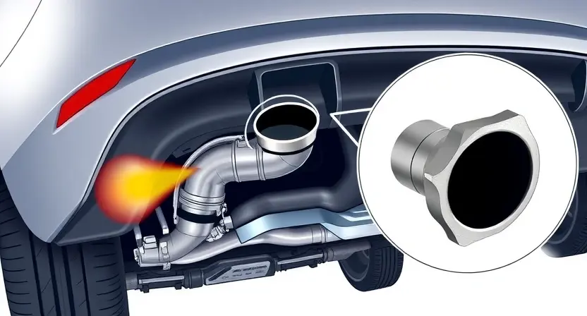 A detailed illustration of a car's exhaust system with a highlighted lambda sensor (oxygen sensor). The image should show the sensor's location, its connection to the exhaust pipe, and the surrounding components. The car should be depicted in a cutaway view to clearly show the internal parts. The image should also include a close-up of the lambda sensor itself, showing its design and structure.