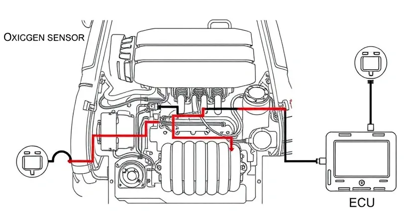 A detailed diagram illustrating a car's engine with a focus on the oxygen sensor and its connection to the engine control unit (ECU). Arrows should indicate the flow of exhaust gases to the sensor and the signal transmission to the ECU. Highlight the sensor's location on the exhaust manifold. The diagram should be clean, technical, and easy to understand, emphasizing the electrical circuit connection.