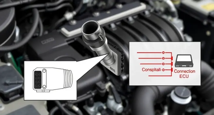 A detailed illustration of an automotive engine bay, focusing on the lambda sensor and its wiring. The sensor should be clearly visible, with its connections highlighted. Include a schematic diagram showing the sensor's electrical connections to the engine control unit (ECU). The background should be slightly blurred to emphasize the sensor.