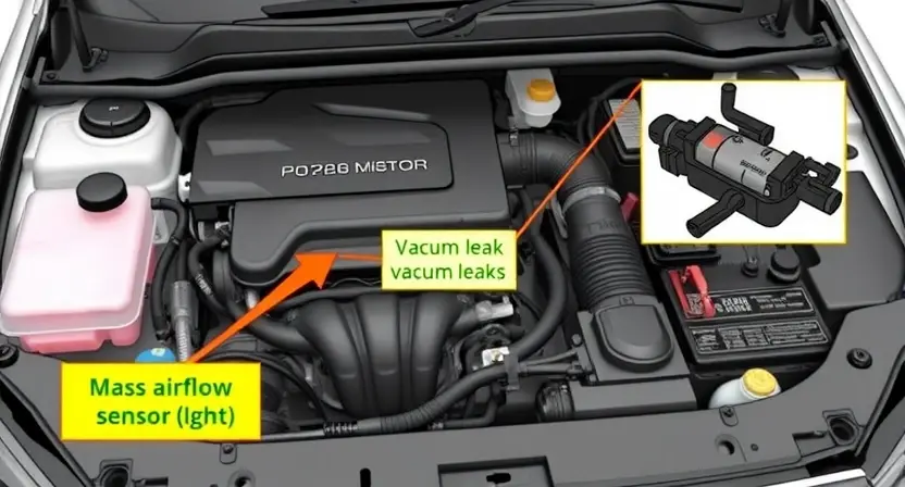 A detailed illustration of a car's engine bay, highlighting the location of the P0726 error code indicator light on the dashboard. Include visual cues representing potential causes of the error, such as a faulty mass airflow sensor or a vacuum leak. Focus on technical accuracy and clarity.
